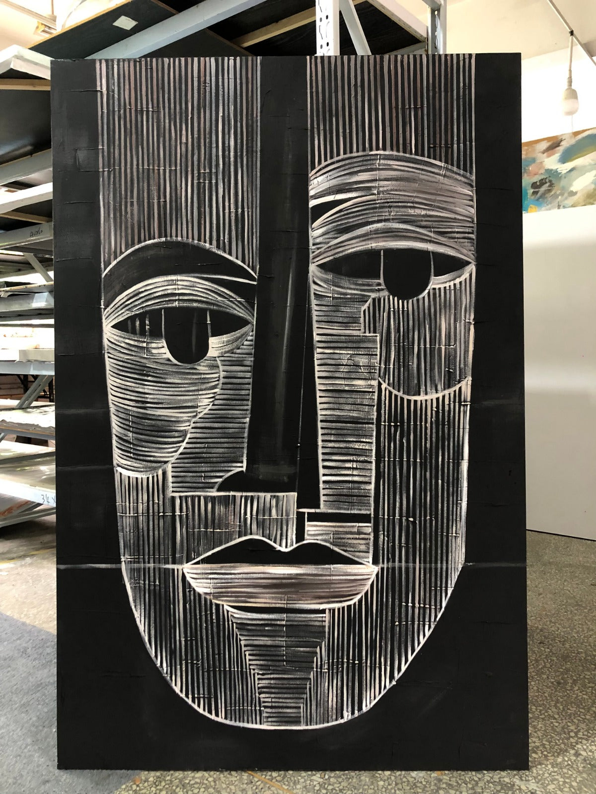 Tribal Mask Linework - Hand-Painted Oil Painting