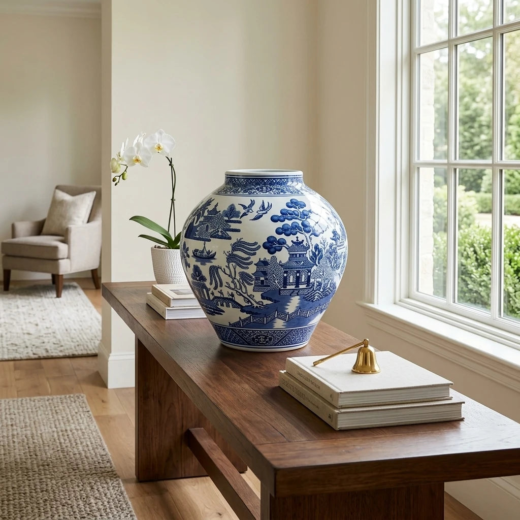 Elegant Blue and White Floral Ceramic Ginger Jar Lifestyle Scene