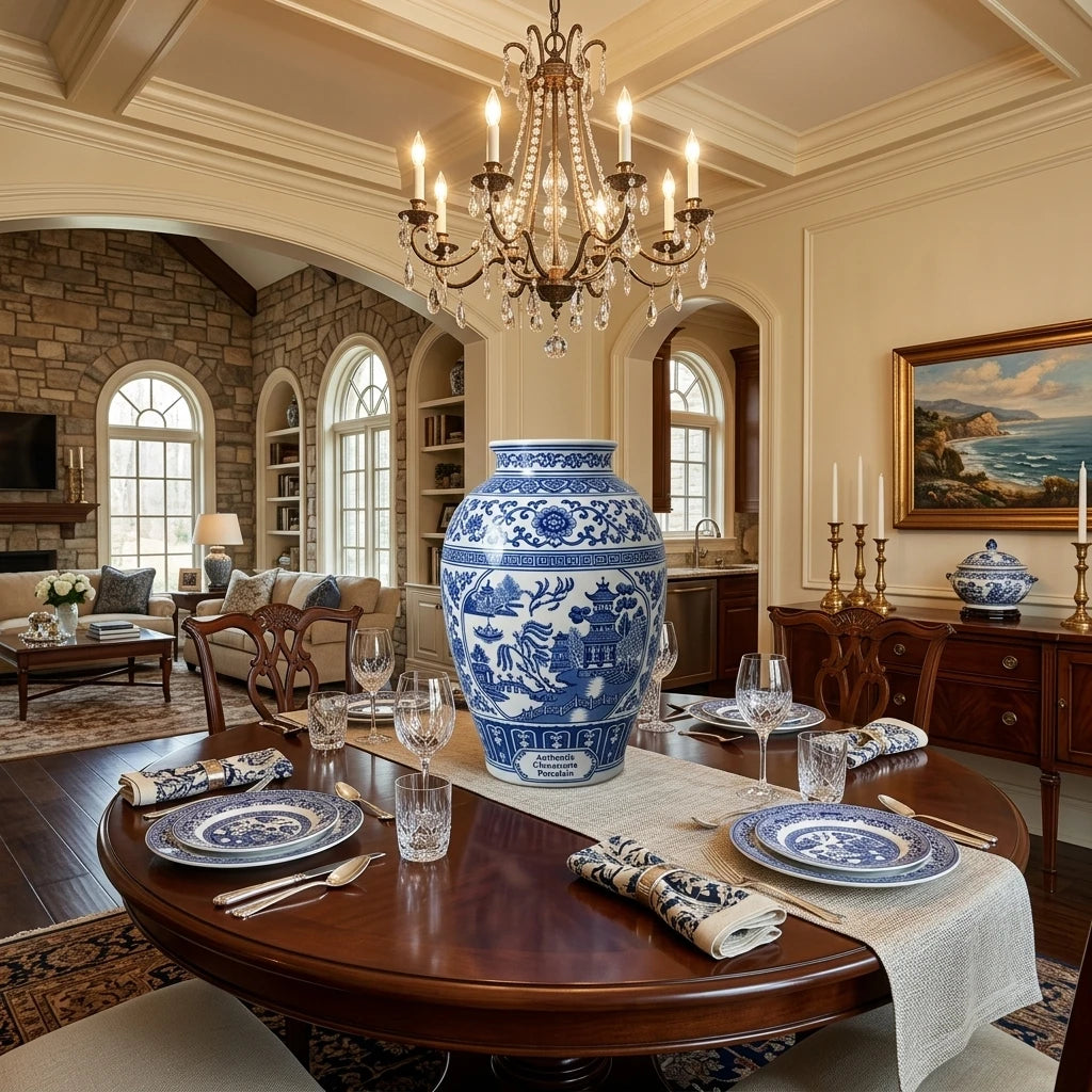 Majestic Blue and White Lotus Porcelain Ginger Jar Lifestyle Scene